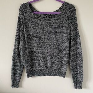 Lightweight Knit Sweater - Long-Sleeve - Wide Neckline - Marled Grey Black Mix